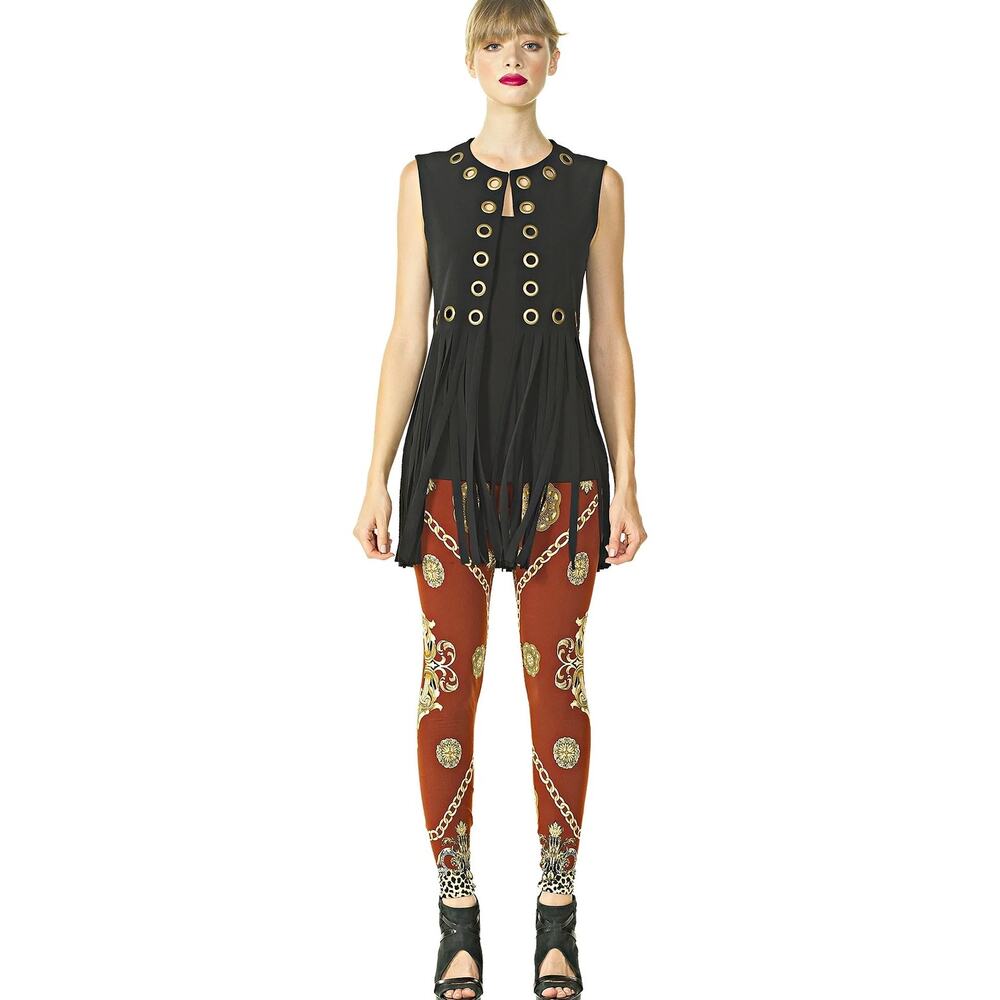 Eva Varro Grommet Fringe Vest Black Sleeveless Medium Made USA